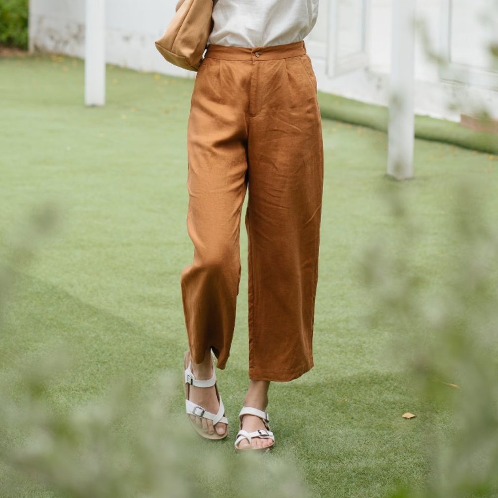 Linen Straight Leg Ankle Length Pants Rust S